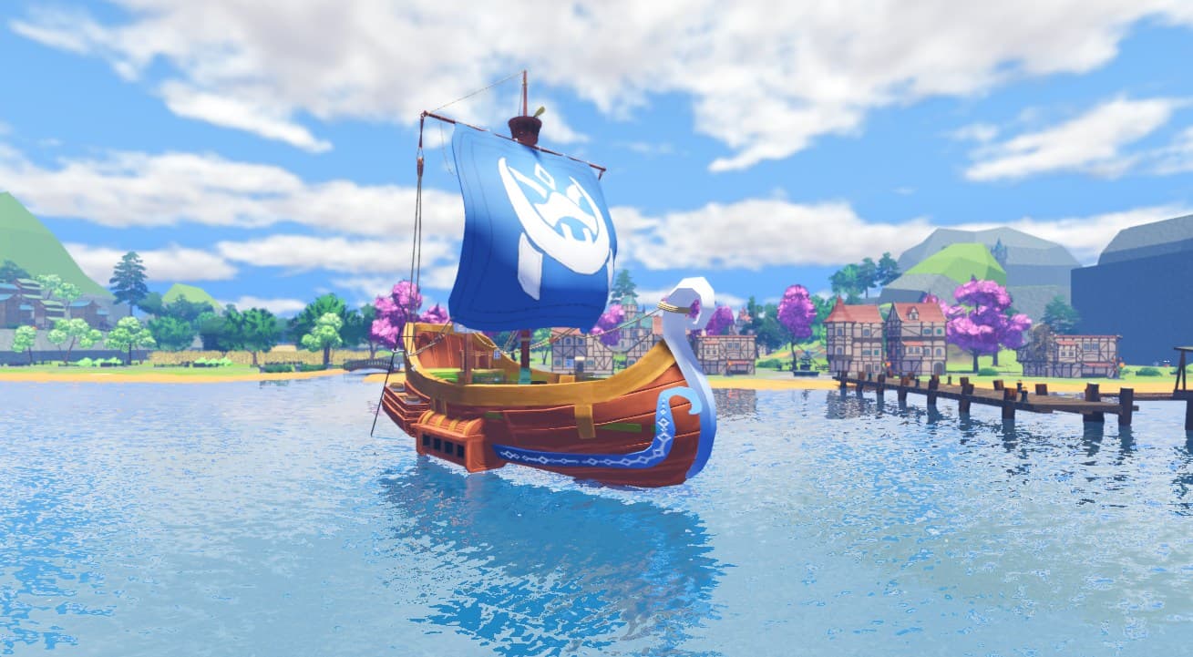 A stylised sailing ship with a blue emblem sail on the water in front of a harbour town